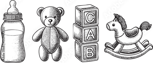 black and white depicts a baby bottle teddy bear building blocks and rocking horse.