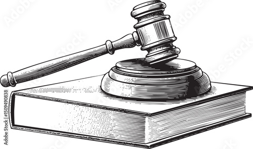 weathered book rests upon a wooden pedestal supported by a dark gavel.