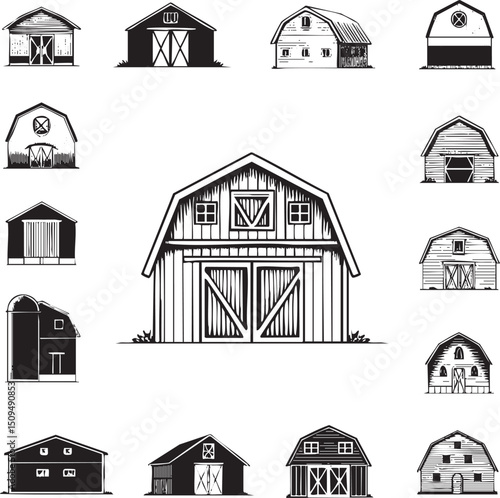 collection of diverse farm barns stands in a white background.