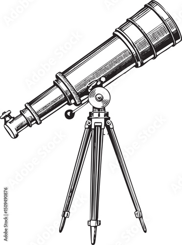 vintage telescope stands on a sturdy tripod ready for observation.