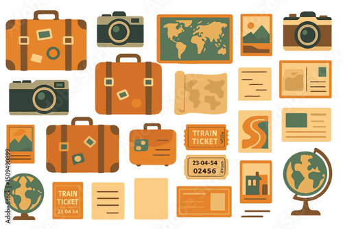 Travel essentials including vintage suitcases, cameras, and maps for adventure enthusiasts preparing for their next journey