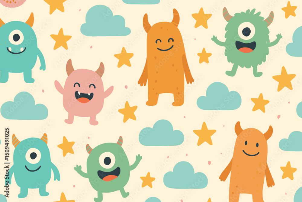 Fototapeta premium Colorful cartoon monsters play among clouds and stars in a cheerful, whimsical pattern ideal for children's decor