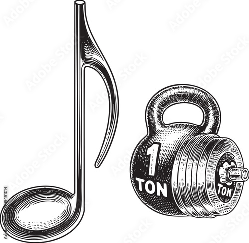 musical note rests beside a heavy weight.