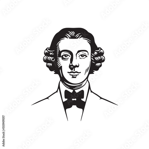 distinguished man with elaborate hairstyles gazes directly at the viewer.