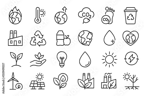 Various environmental icons depicting sustainability, climate action, and renewable energy concepts in a modern design