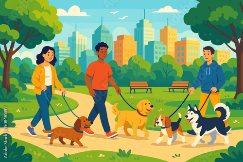 People walking dogs in a city park on a sunny day with tall buildings in the background and green nature surroundings