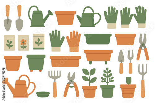 Gardening tools and supplies layout featuring pots, gloves, and watering can