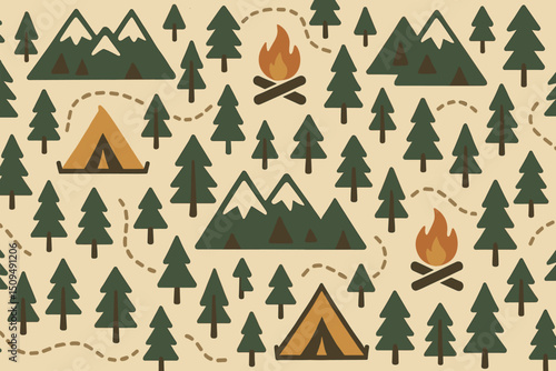 Camping adventure in a forest with tents, mountains and campfires during daytime in a natural setting