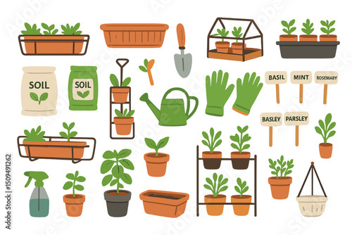Collection of gardening tools, plants, and supplies arranged in a vibrant garden setting