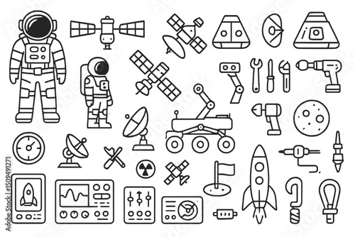 Space exploration elements including astronaut, spacecraft, and robotic tools illustrated in a detailed design