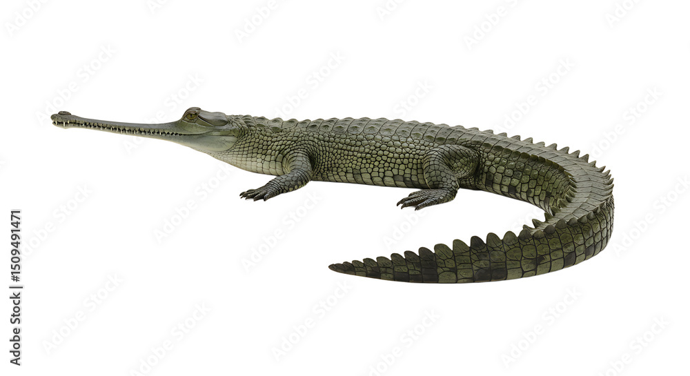 Naklejka premium Gharial Crocodile Profile View Detailed Scaly Skin and Long Snout