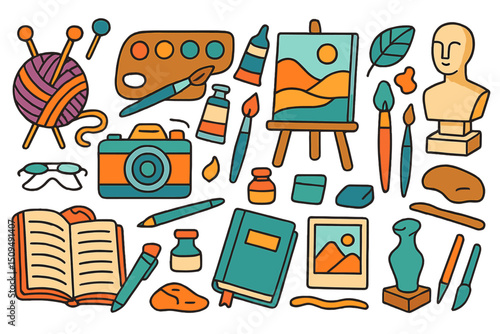 Creative workspace filled with art supplies, tools, and inspiration for artists