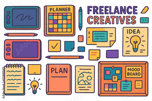 Creative workspace layout for freelancers with planning tools and inspiration resources displayed