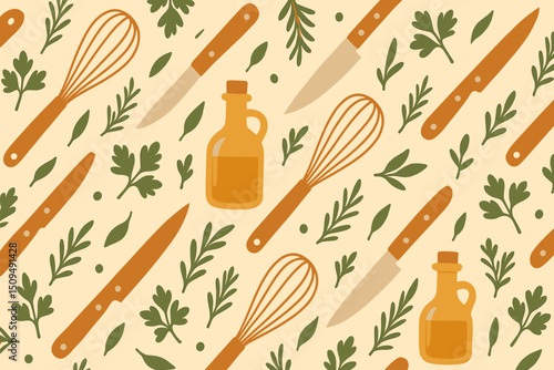 Kitchen utensils and herbs create a vibrant pattern ideal for cooking enthusiasts and home chefs