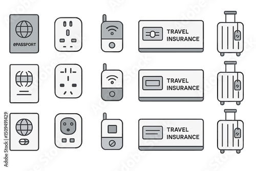Travel essentials including e-passport, insurance, charging devices, and luggage stacked for a journey in a modern travel setting