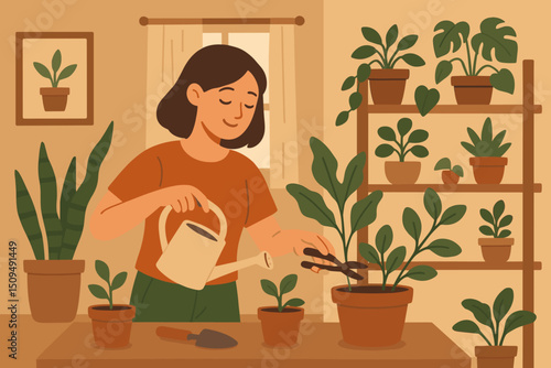 Woman caring for indoor plants while watering and pruning in a cozy room filled with greenery