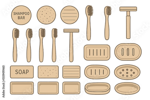 Collection of eco-friendly bathroom essentials including shampoo bars, toothbrushes, and soap dishes designed for sustainable living
