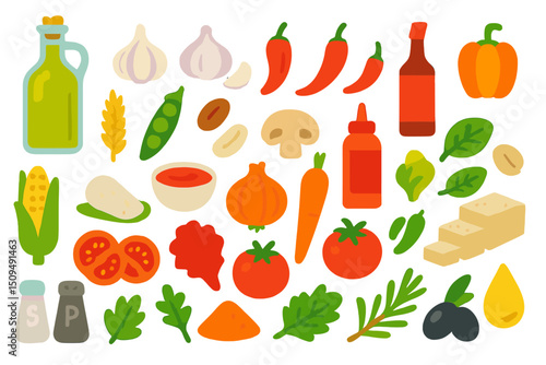Colorful assortment of fresh vegetables, herbs, and condiments arranged for a vibrant culinary display