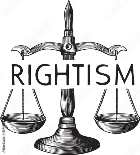 stark black and white depicts scales of justice balanced with a sword accompanied by the word ‘RIGHTISM’.
