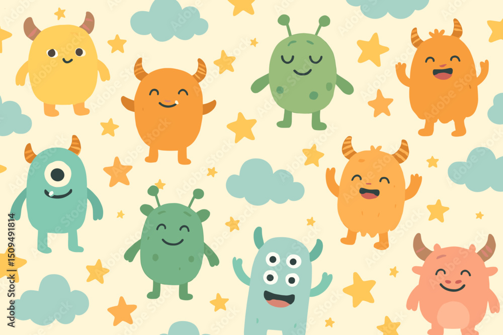 Obraz premium Colorful cartoon monsters and cheerful stars on a light backdrop create a whimsical and playful atmosphere