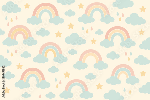Colorful pastel rainbow pattern with clouds and stars on a soft background suitable for children's decor