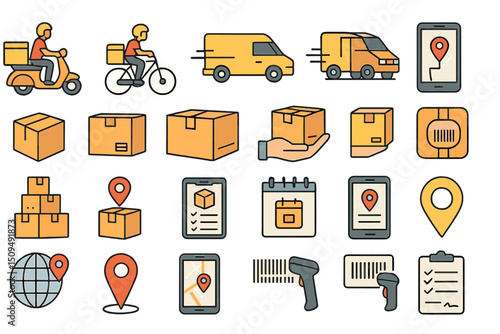 Delivery logistics icons representing various methods of parcel shipment and tracking for efficient package management
