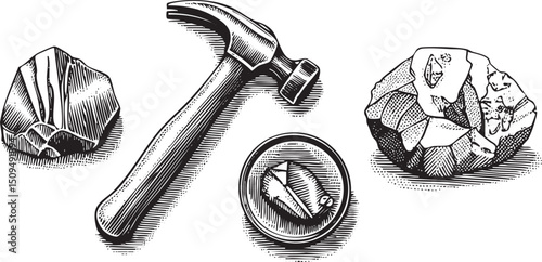 weathered hammer rests beside two rough gemstones and a shimmering crystal.