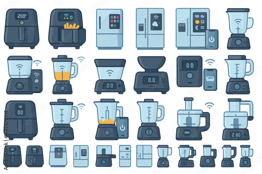 Various kitchen appliances with modern designs displayed together in a clean layout Various kitchen appliances with modern designs displayed together in a clean layout