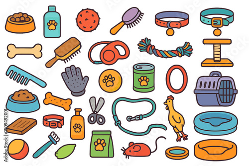 Pet care supplies and accessories displayed in a colorful layout showcasing various items for grooming and feeding animals