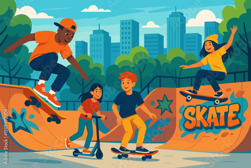 Young skaters enjoying a vibrant skate park in a bustling city on a sunny day