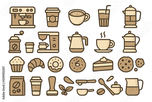 Coffee and bakery items arranged in a creative illustration highlighting various drinks and pastries