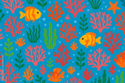 Bright coral reef with colorful fish in a vibrant underwater scene filled with marine life and plants