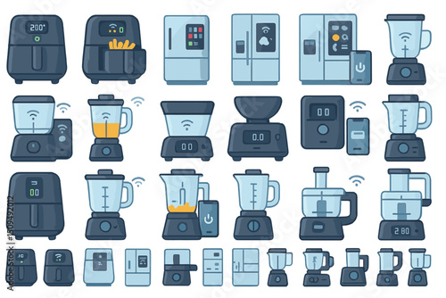 Various kitchen appliances with modern designs displayed together in a clean layout