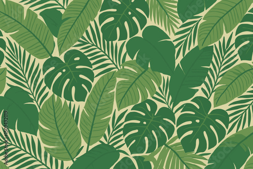 Vibrant green tropical leaves pattern featuring various plant species on a light background