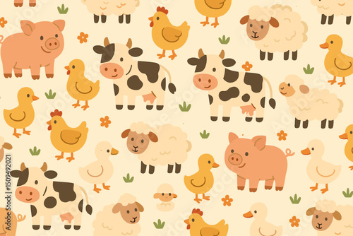 Charming farm animals illustrated in a whimsical pattern featuring pigs, cows, sheep, and chickens on a soft background