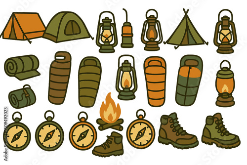 Outdoor camping gear collection featuring tents, lanterns, sleeping bags, and tools for nature enthusiasts