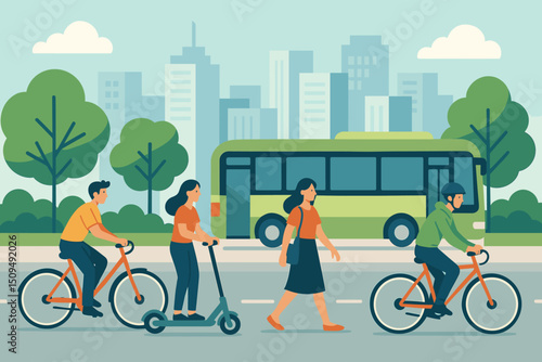 Urban street scene featuring people commuting on bicycles, scooters, and walking near a bus