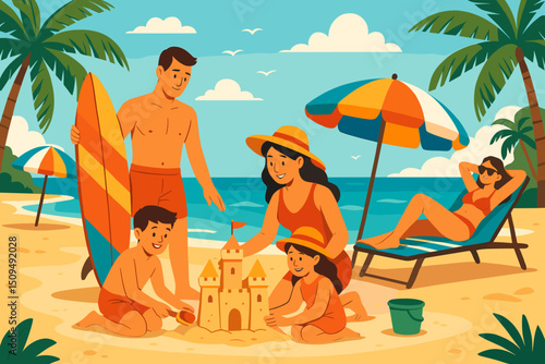 Family enjoys sunny beach day building sandcastle while surfing and relaxing