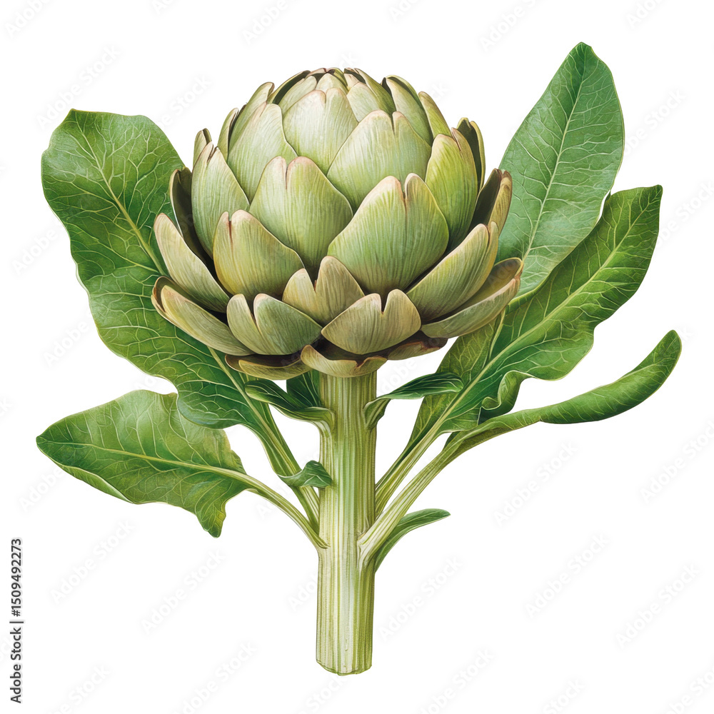 Obraz premium Fresh Artichoke Surrounded by Dark Green Leaves with a Glossy Finish on White Background transparent background, png