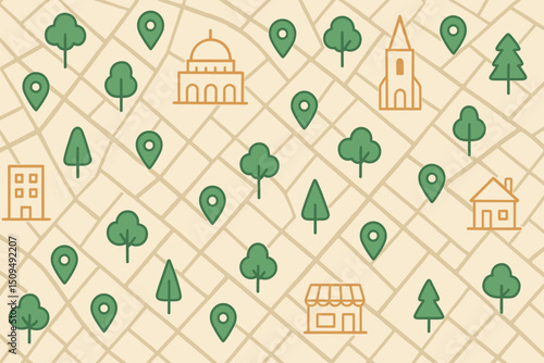Urban map illustration displaying buildings, churches, trees, and location markers in a simplified design