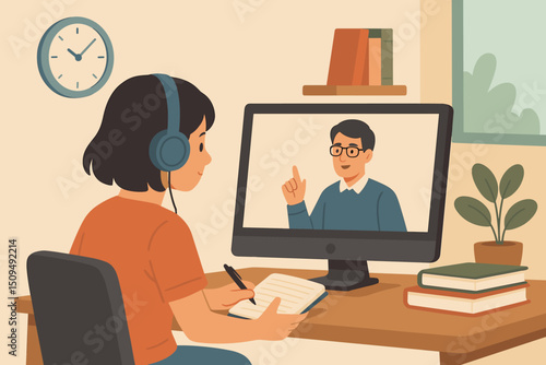 Student engages in online learning session with instructor at home in daylight