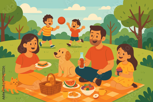 Family enjoys a sunny picnic in a park with children playing nearby and a friendly dog relaxing