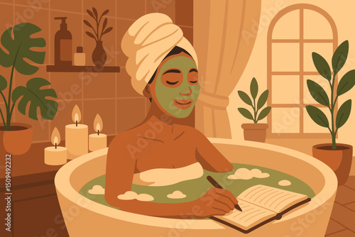 Relaxing in a tub with a face mask while writing in a journal during a spa day at home