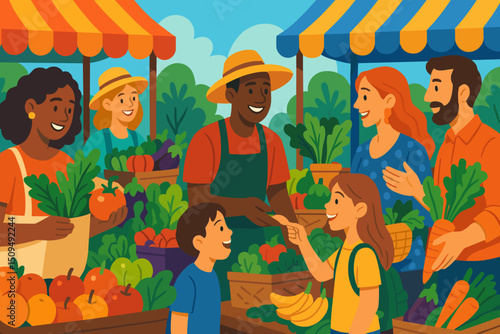 Farmers market bustling with activity as families enjoy fresh produce and community interaction during a sunny day in the park