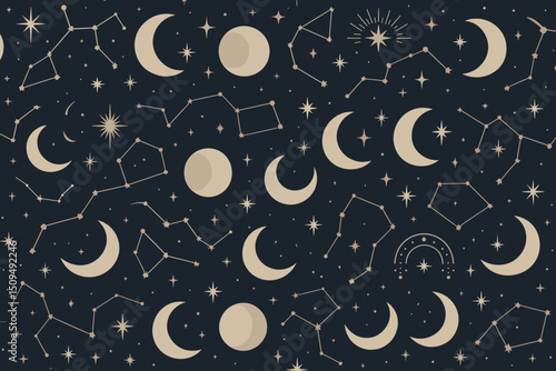 Stars and moons illuminate a dark night sky with constellations and celestial designs
