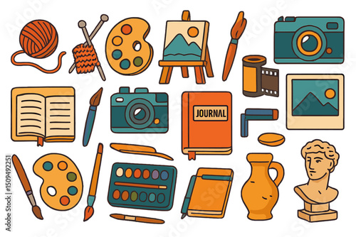 Colorful collection of art supplies, tools, and creative objects arranged in an artistic layout