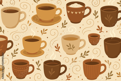 Warm coffee cups arranged in a whimsical pattern with cozy colors and floral details on a light background