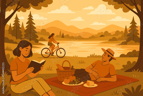 Couple enjoys picnic by the lake while a cyclist rides in a serene landscape during sunset
