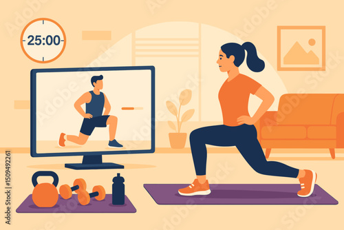 Woman doing lunges at home while following an online workout in a cozy living room setting during a scheduled exercise session