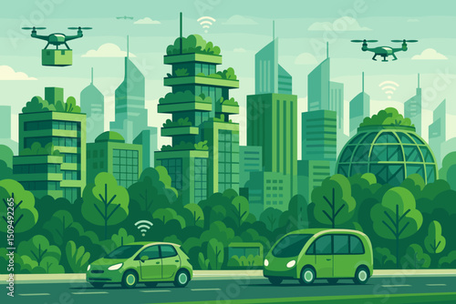 Innovative urban landscape showcasing sustainable technology and greenery in a modern city